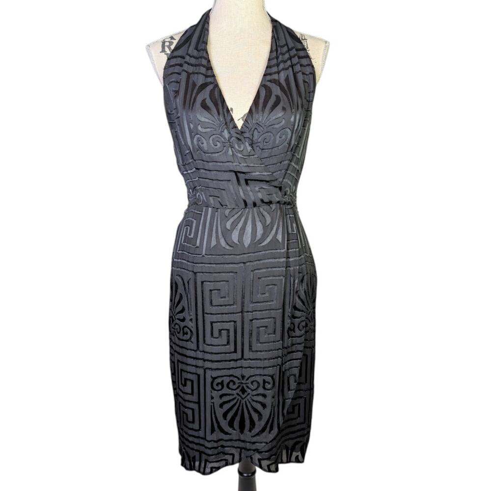 Adrianna Papell Black Burnout Velvet Halter Cocktail Dress Art Deco 6